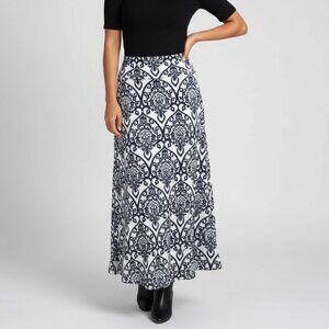 Kaileigh Delina Maxi Skirt Womens 1X Navy White Knit Lined Damask Print Stretch